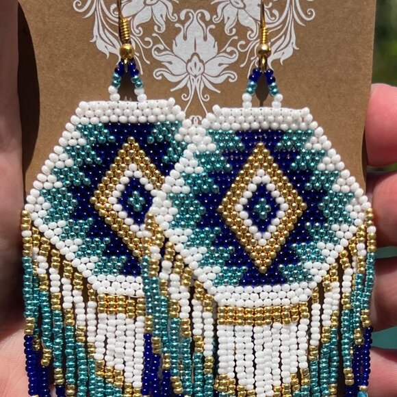 Handmade Beaded Native American Style Long & Large Fringe Dangle Drop Earrings - Picture 4 of 9